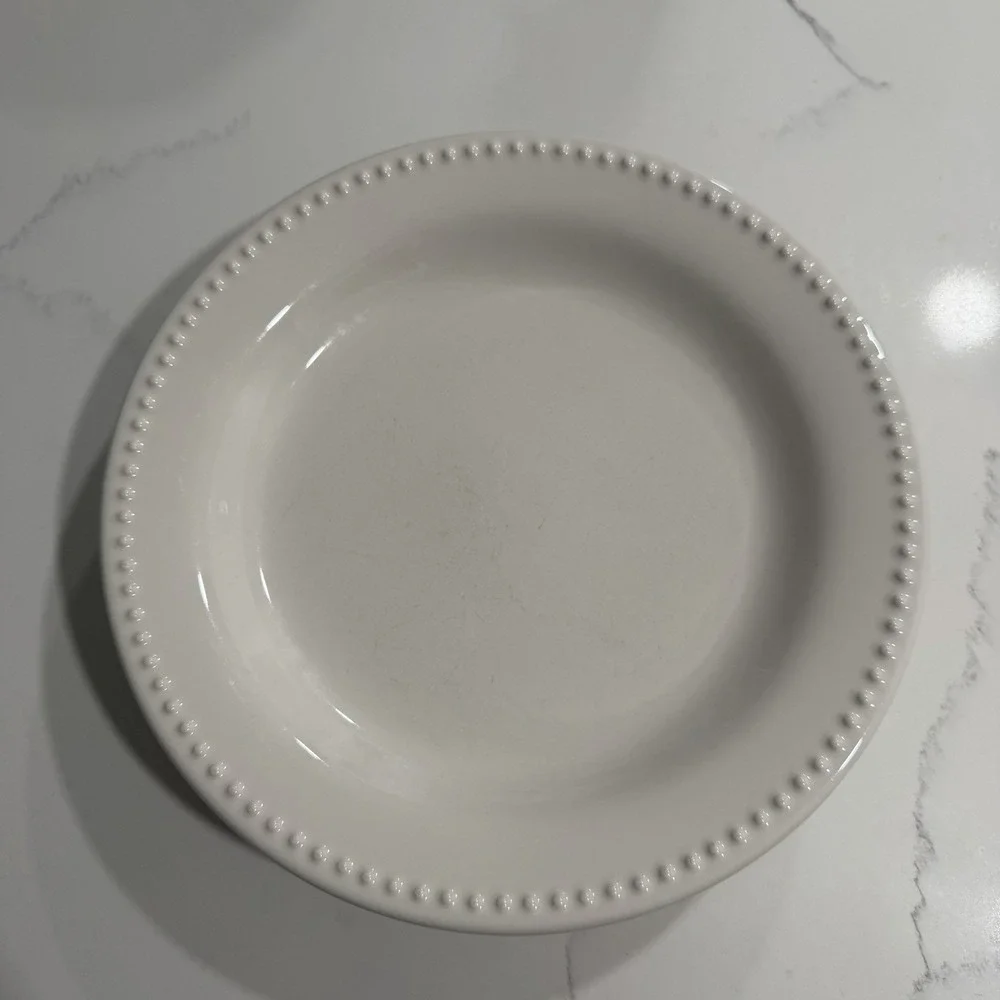 Set 4 Pottery Barn Emma White Dinner Plates Beaded Stoneware 11.25